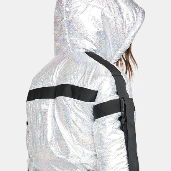 Dolls Kill Space Raid Silver Holographic Cropped Puffer Jacket with Hood (XS) - Picture 9 of 9